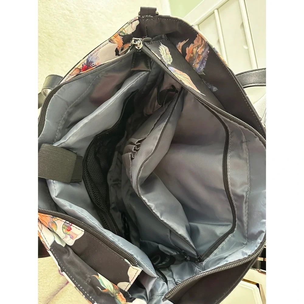 Mosiso Laptop Tote Bag Black Hibiscus Print USB Charging Port Crossbody Strap